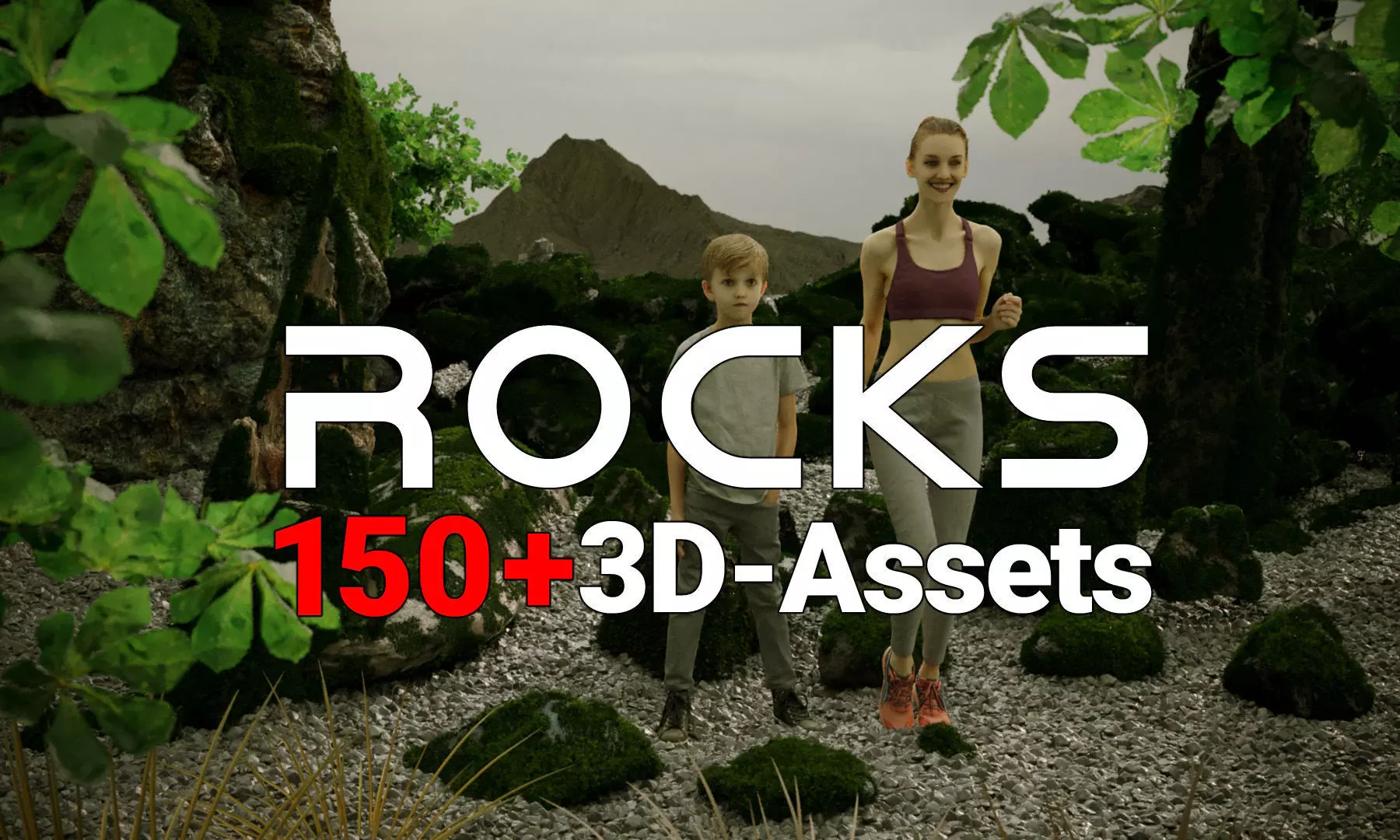 Animated Boy and Mossy Sharp Rocks 3D Model Collection_0