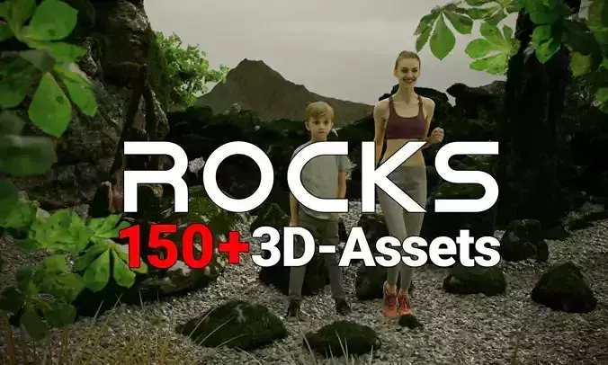 Animated Boy and Mossy Sharp Rocks 3D Model Collection