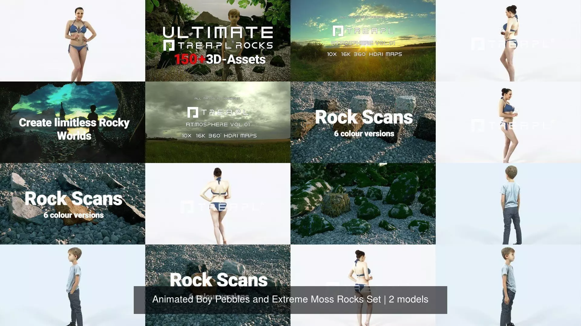 Animated Boy Boulders Pebbles and Moss Rocks Set 3D Model Collection_2