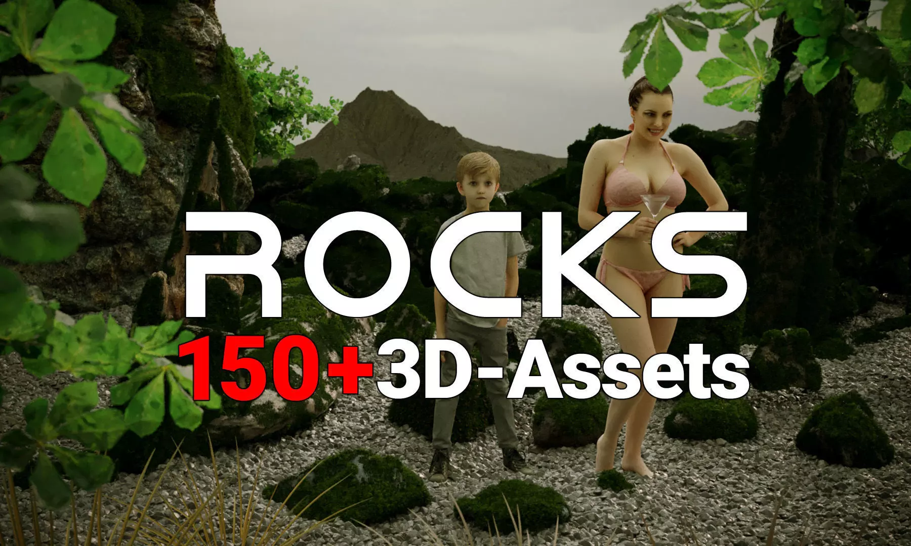 Animated Boy Boulders Pebbles and Moss Rocks Set 3D Model Collection_0