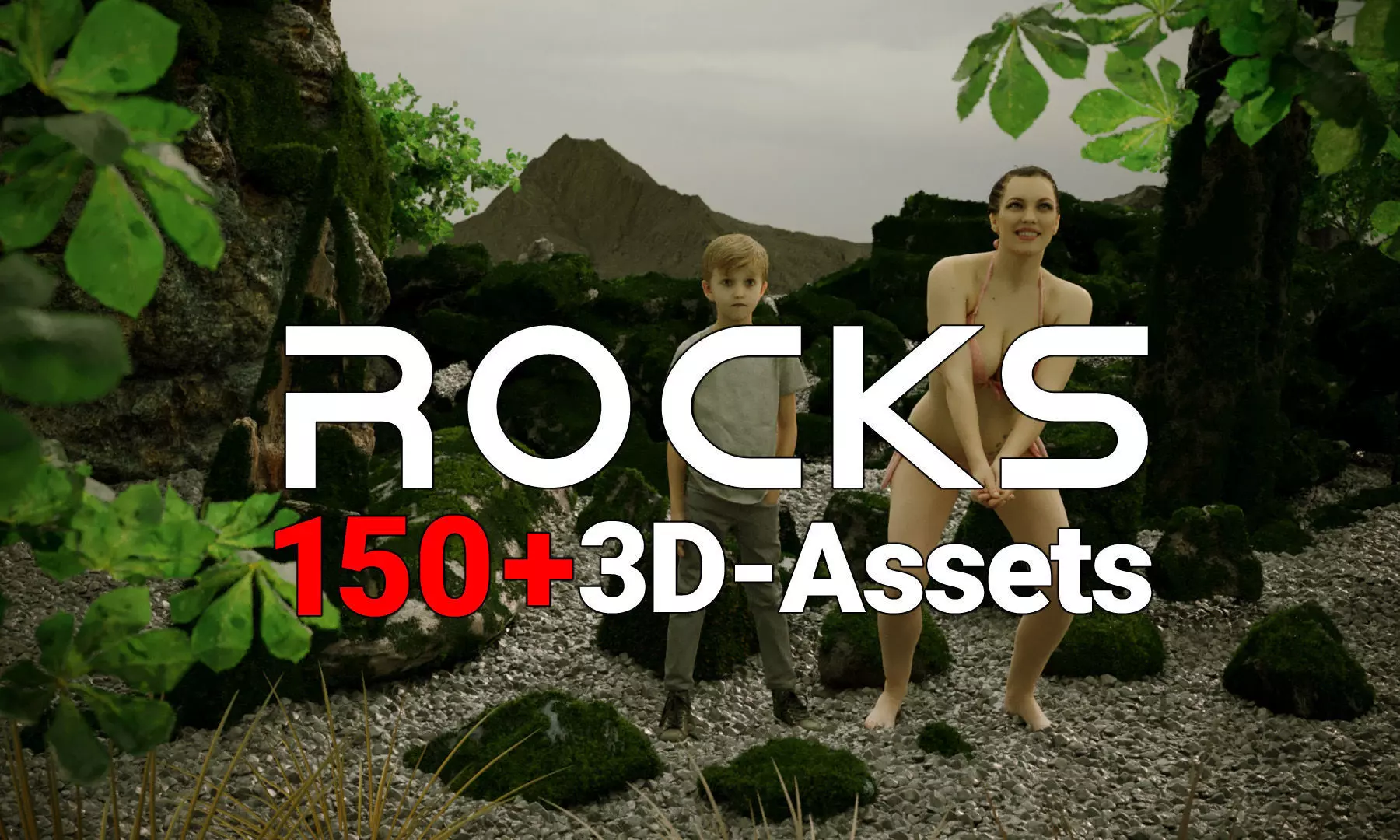 Boy and Big Sharp Moss Rocks 3D Model Collection_0