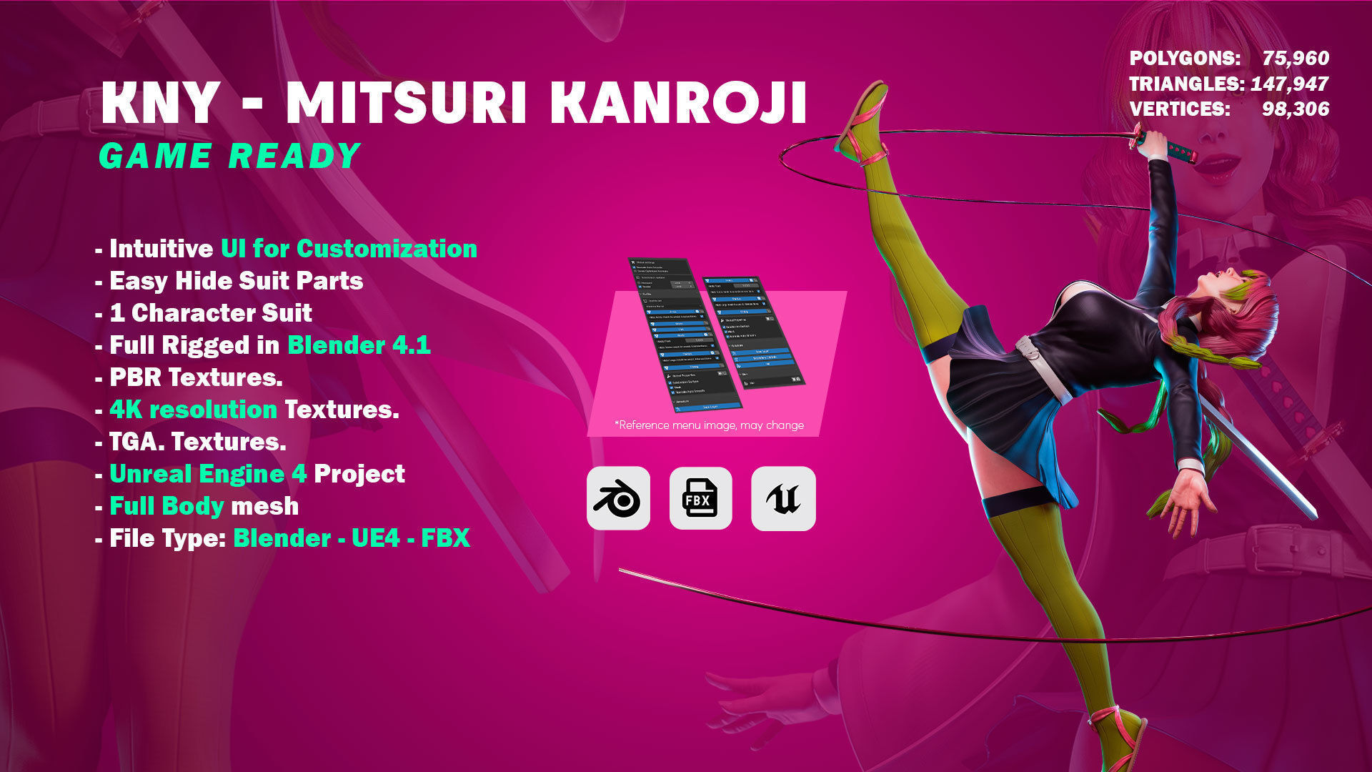 Mitsuri Kanroji - Demon Slayer - Blender - UE4 Low-poly 3D model_1