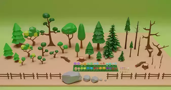 Low poly Trees Mushrooms and Stones