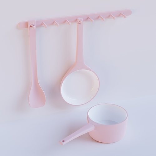 Pink Kitchen Set Pan Pot Spatula Hanger Free 3D model