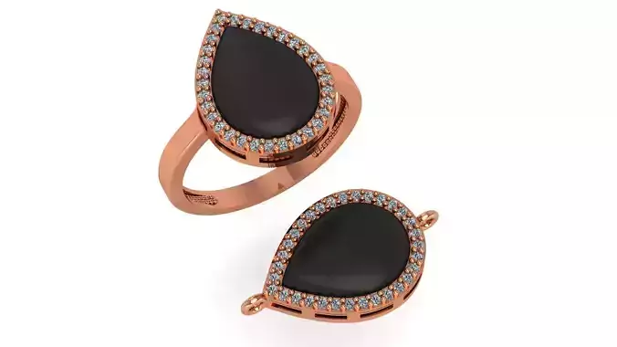 Pear Black Enamel Paint Ring Necklace Set