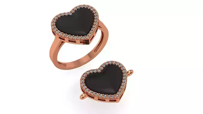 Heart Love Black Enamel Paint Ring Necklace Set