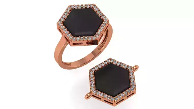 Hexagonal Black Enamel Paint Ring Necklace Set