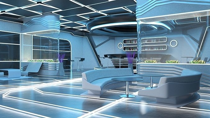 Futuristic Bar Interior Blue Lights On 3D model 2