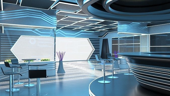 Futuristic Bar Interior Blue Lights On 3D model
