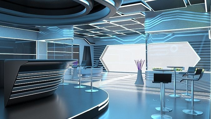 Futuristic Bar Interior Blue Lights On 3D model 6