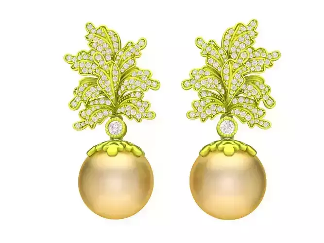 A7810 Luxury Diamond Leaf Pearl Earrings 3D Model