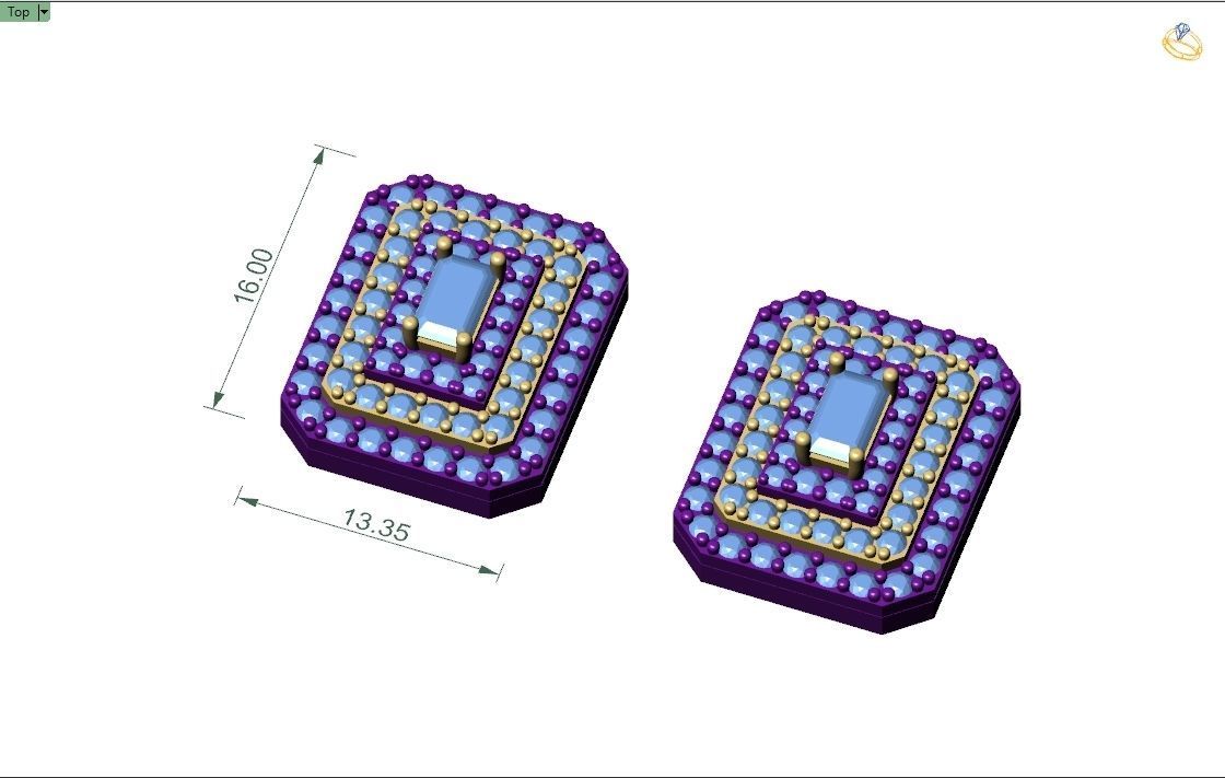 Custom Emerald Shape Stepping Diamond Studs - Earrings 16mm 3D print model_4