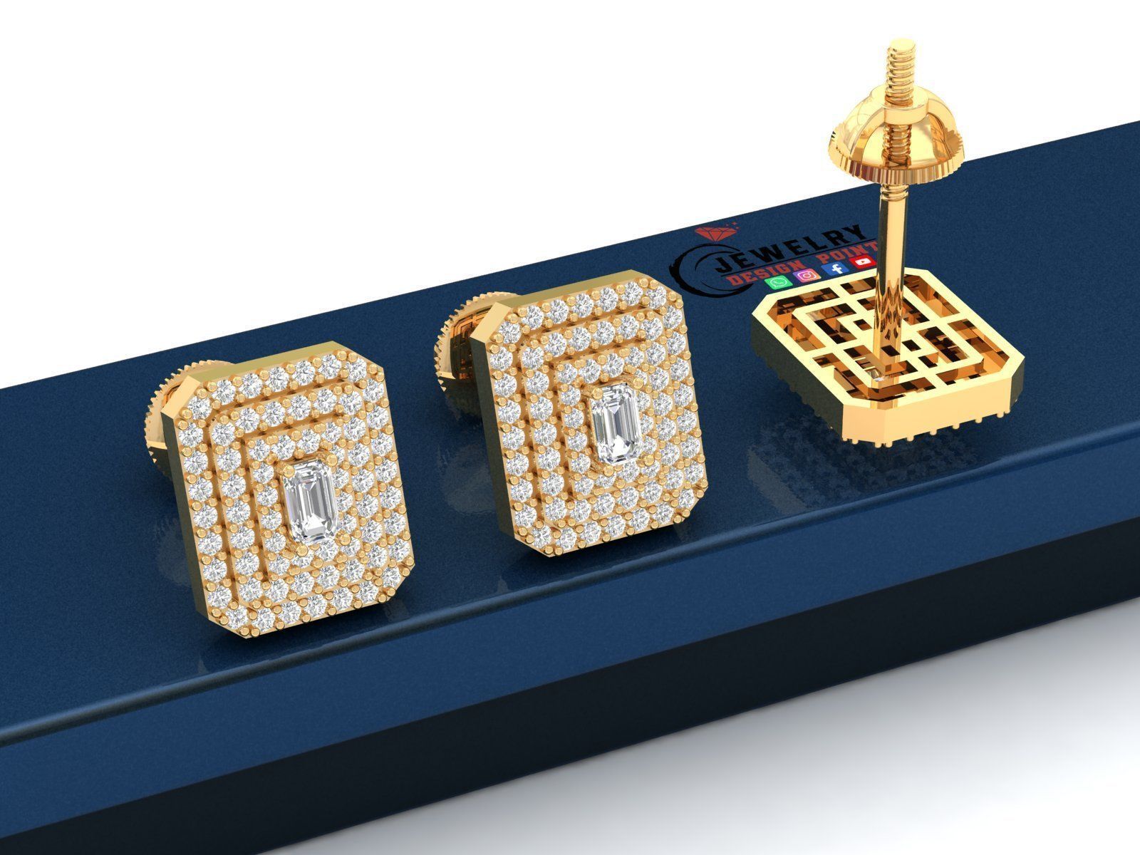 Custom Emerald Shape Stepping Diamond Studs - Earrings 16mm 3D print model_2