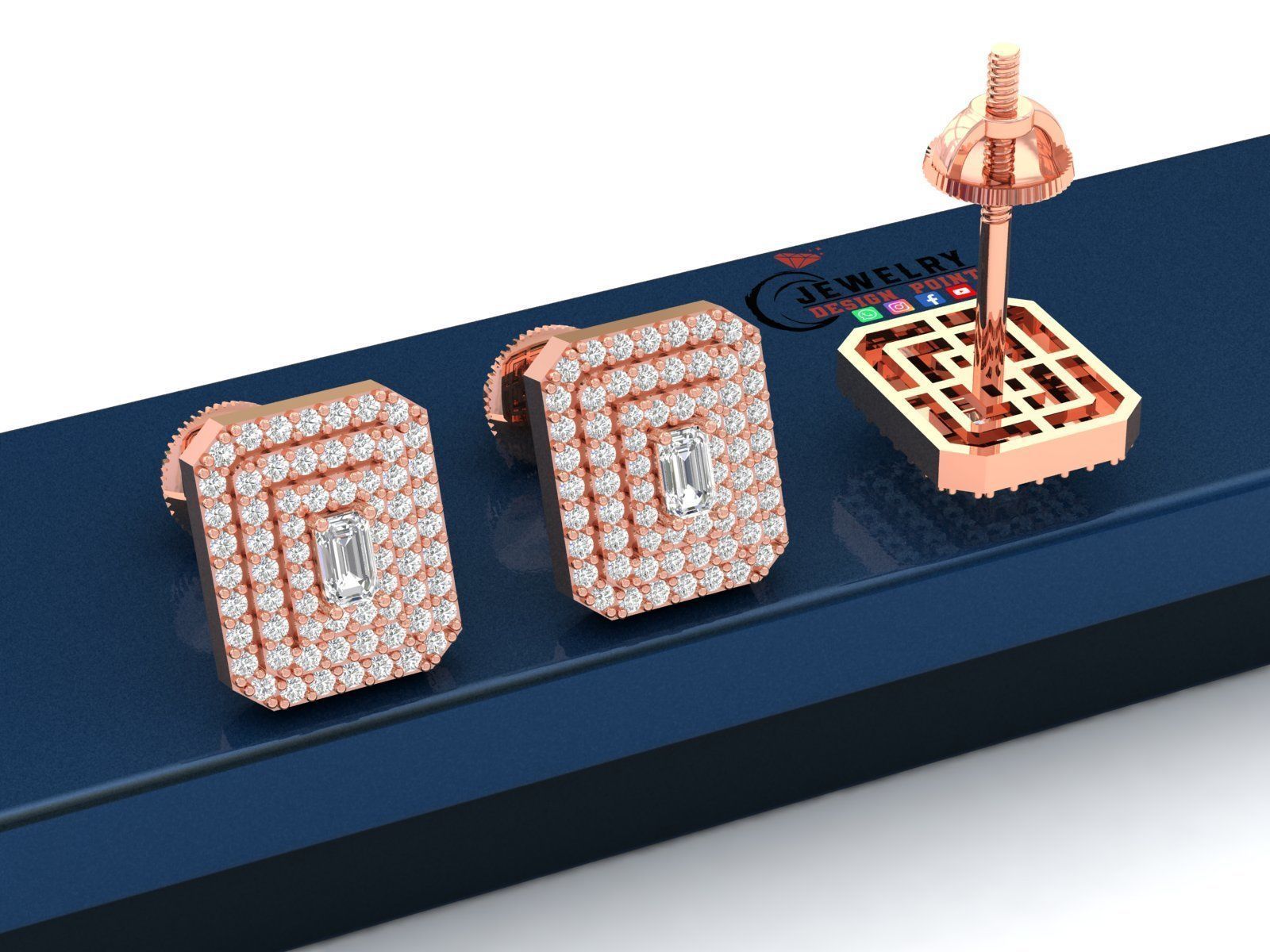 Custom Emerald Shape Stepping Diamond Studs - Earrings 16mm 3D print model_3