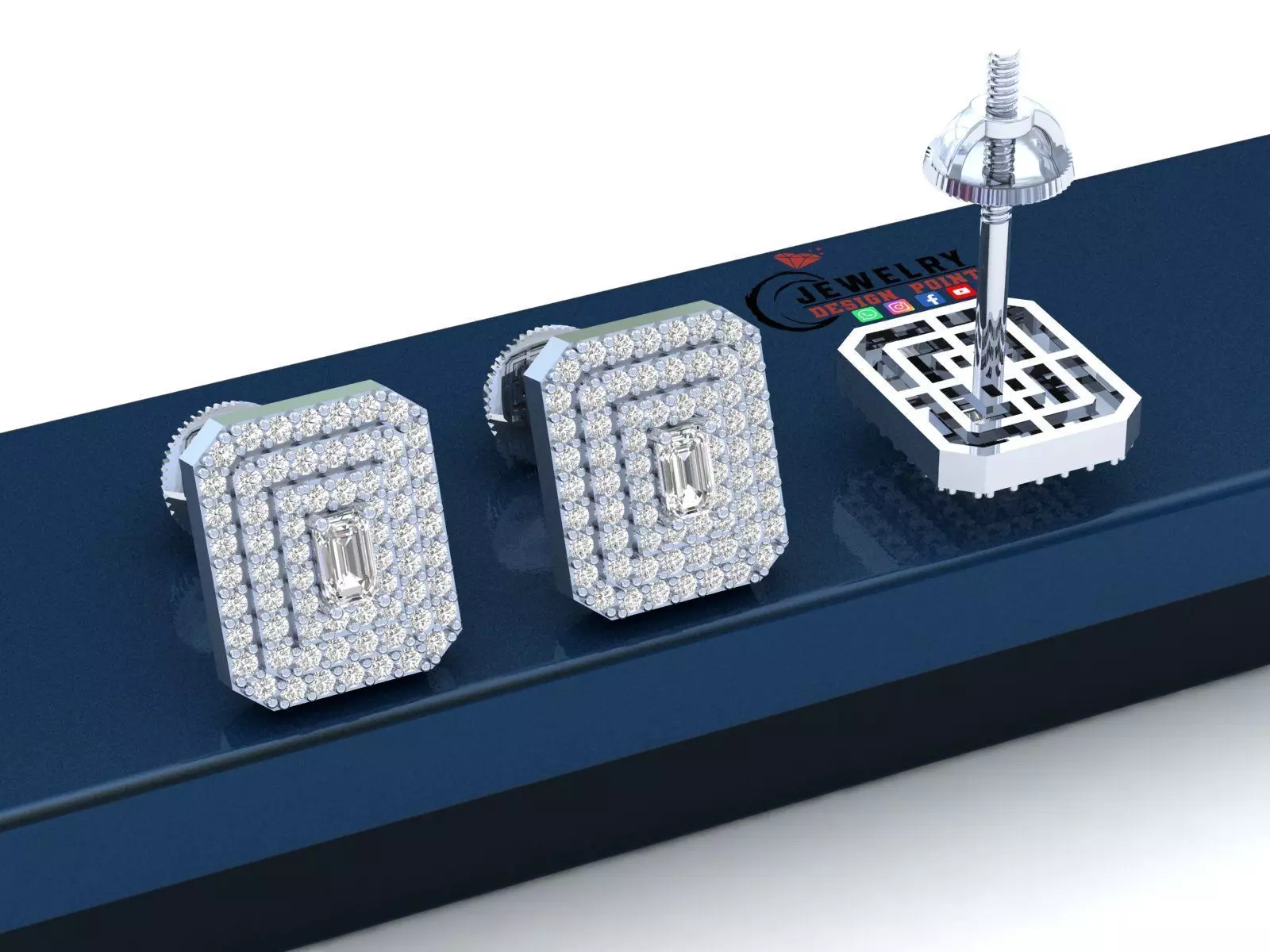 Custom Emerald Shape Stepping Diamond Studs - Earrings 16mm 3D print model_0