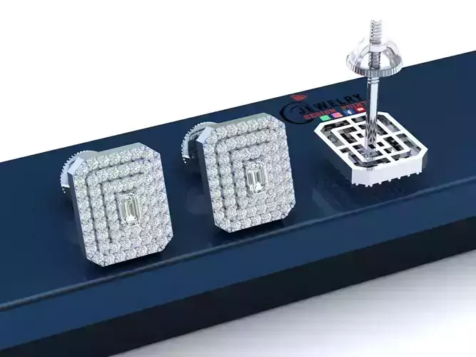 Custom Emerald Shape Stepping Diamond Studs - Earrings 16mm 3D print model
