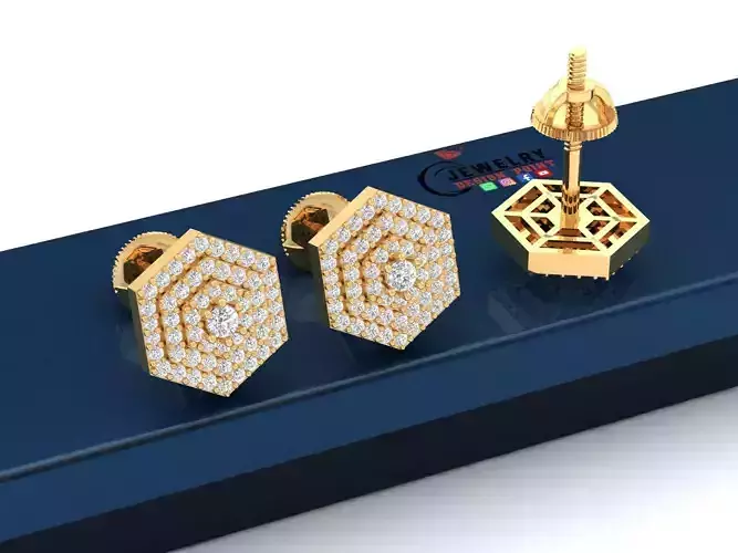 Custom Hexagon Shape Stepping Diamond Studs - Earrings 16mm 