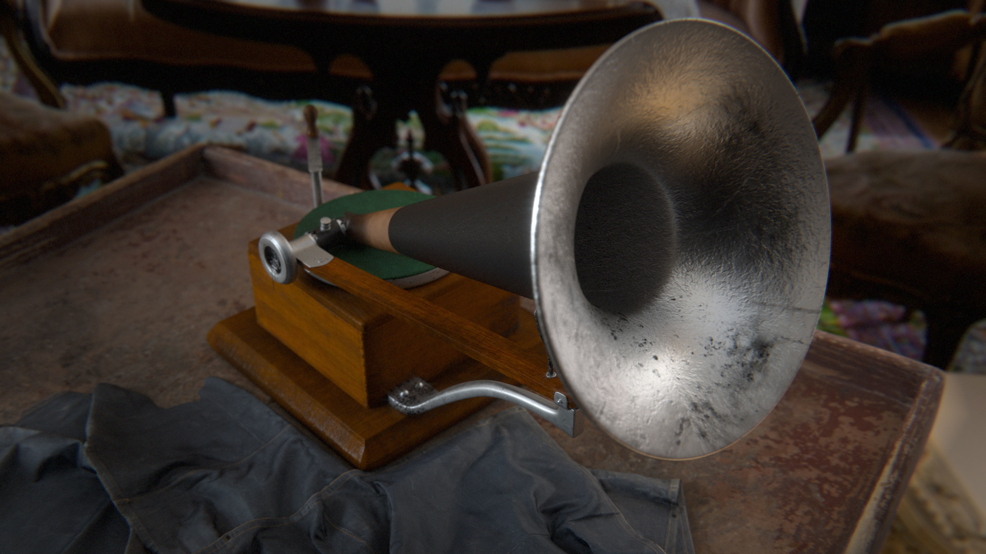 Old Gramophone Record player Phonograph Turntable 3D model_1