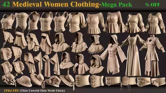 42 Medieval Women Clothing-MEGA PACK-zprj-fbx 3D model