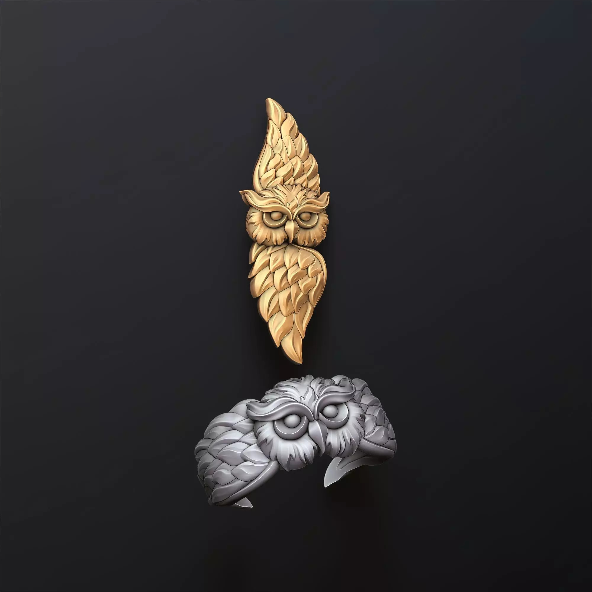 Owl Pendant Ring Set 3D print model_0