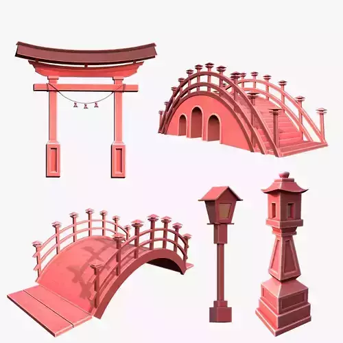 Japanese Bridge Street Lamp Torii Gate Low-poly