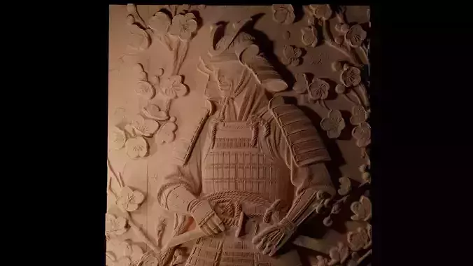 Samurai With Cherry Tree Sandcasting Bas High Relief CNC