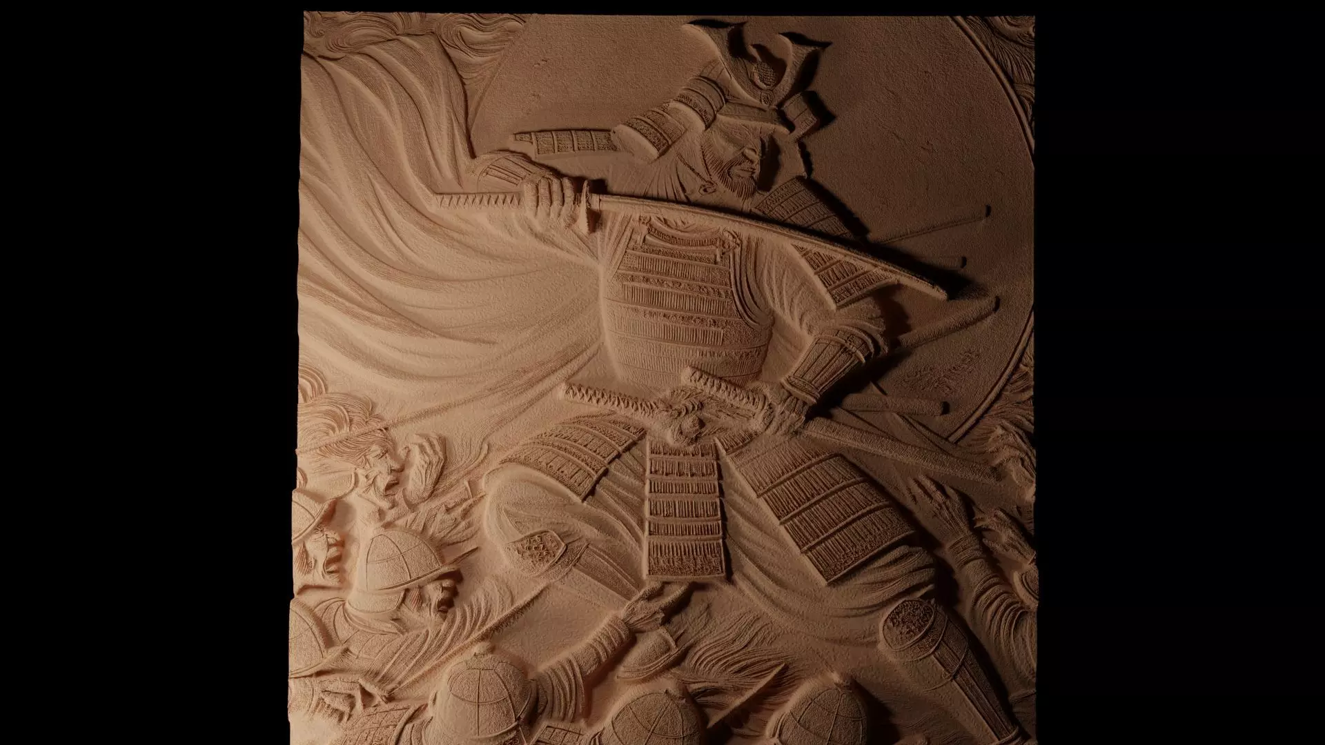 Samurai Battle Sandcasting Bas High Relief CNC 3D print model_0
