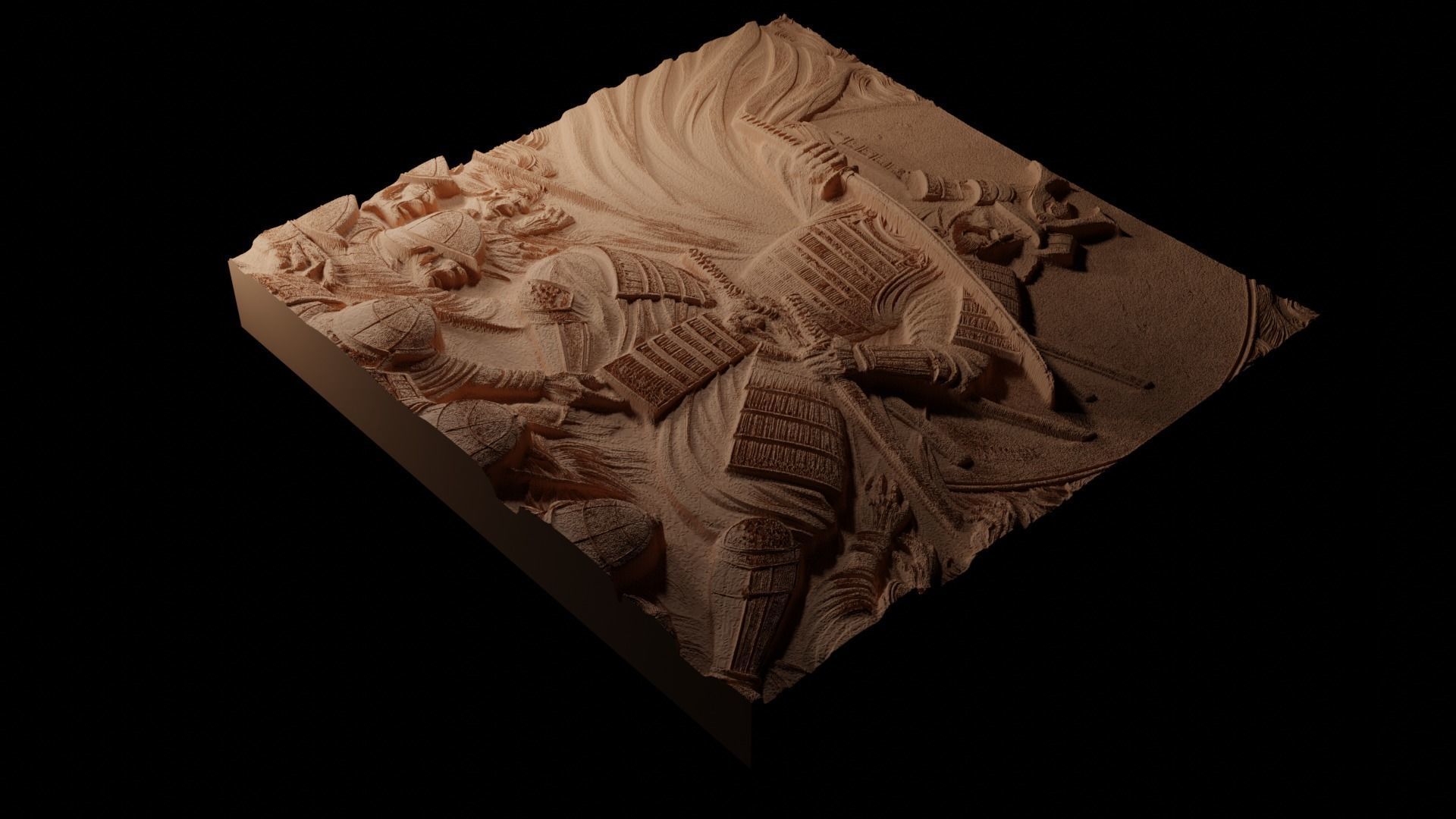 Samurai Battle Sandcasting Bas High Relief CNC 3D print model_1