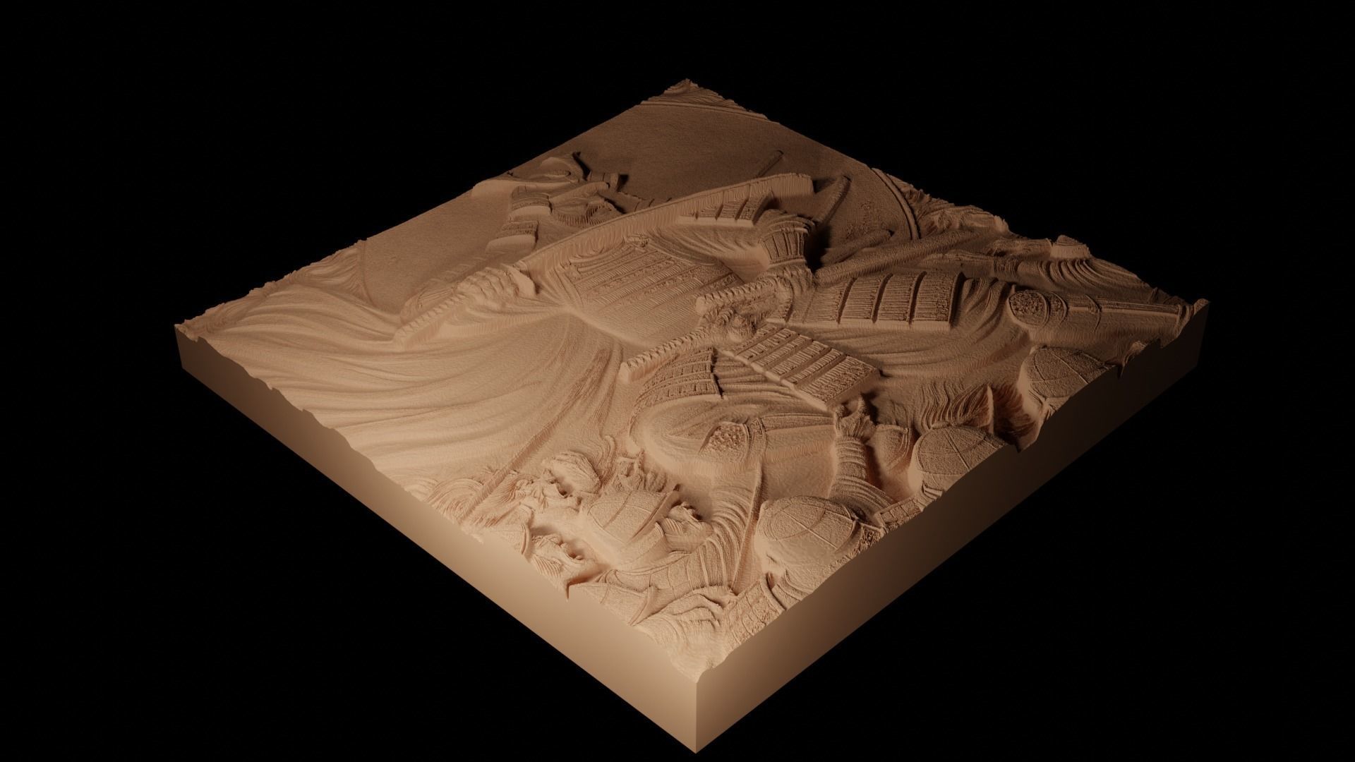Samurai Battle Sandcasting Bas High Relief CNC 3D print model_2