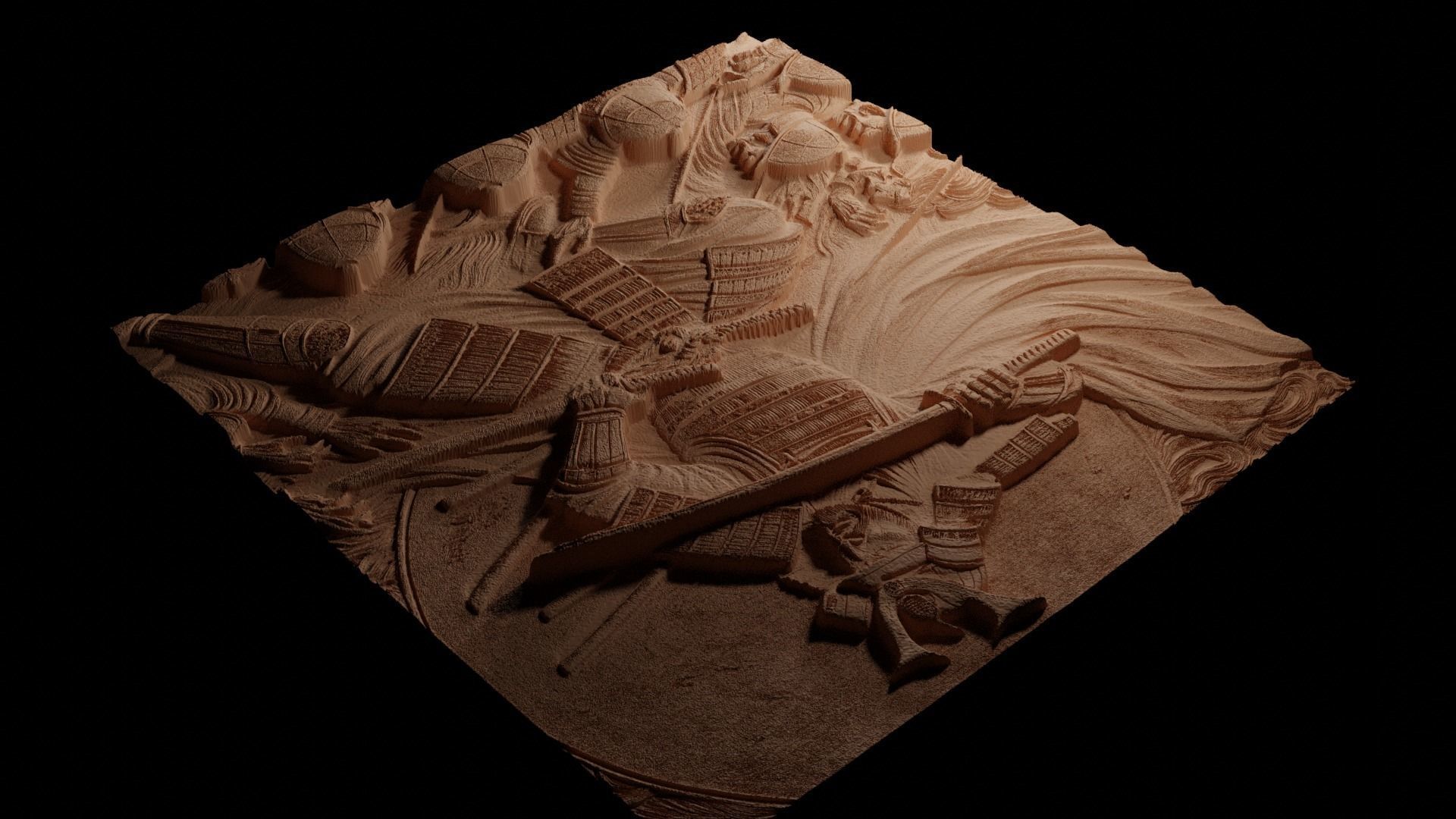 Samurai Battle Sandcasting Bas High Relief CNC 3D print model_3