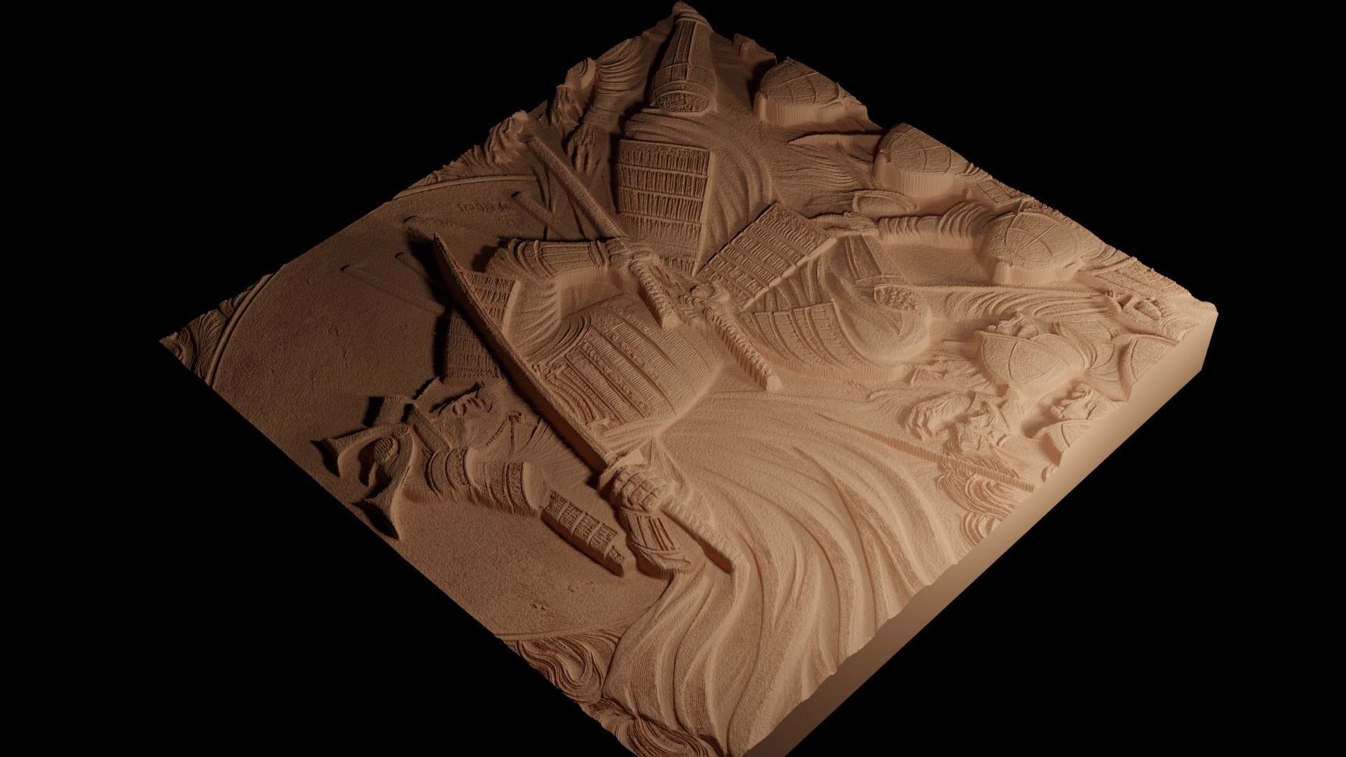 Samurai Battle Sandcasting Bas High Relief CNC 3D print model_4