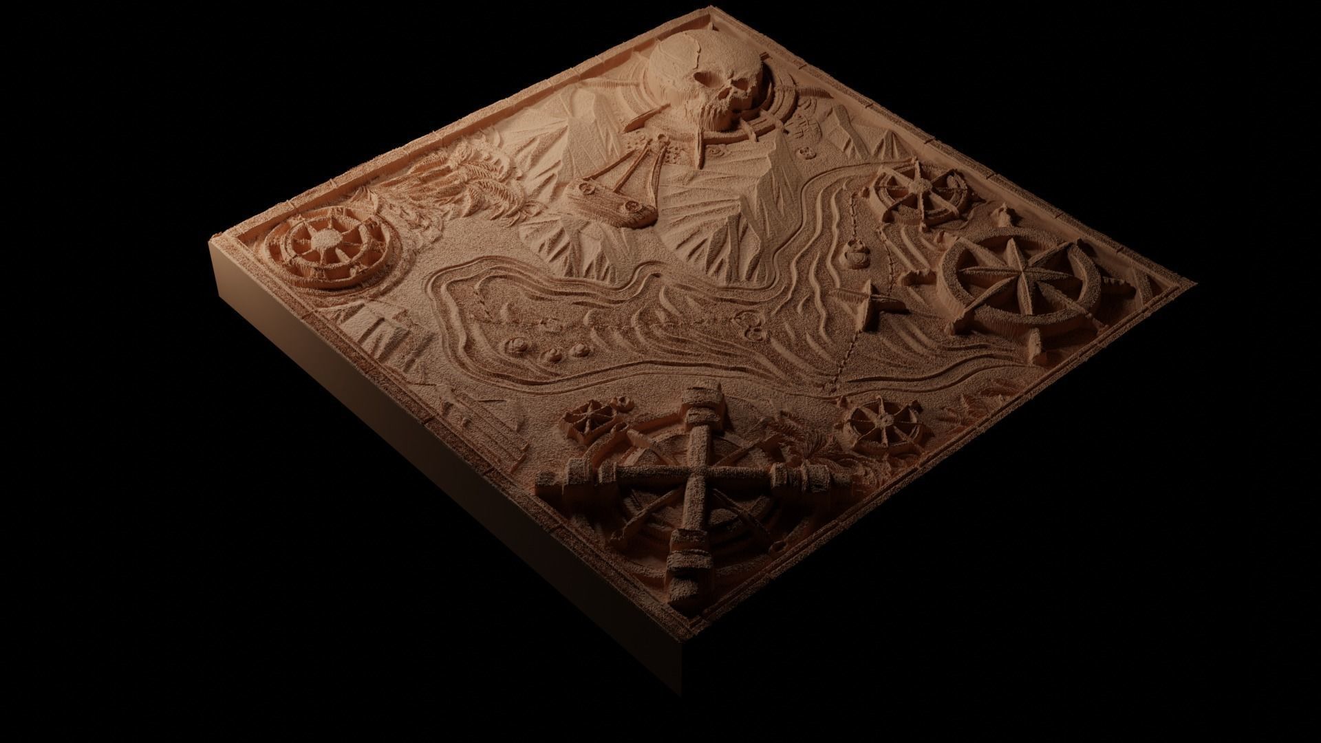 Pirate Map and Treasure Sandcasting Bas High Relief CNC 3D print model_1