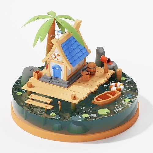 Isometric Stilt Beach House Low-poly 3D model