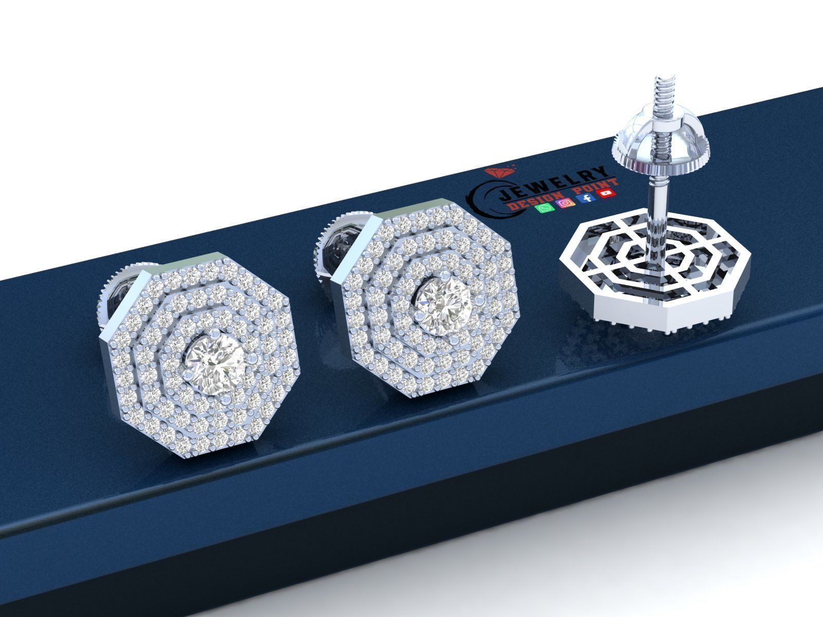 Custom Octagone Shape Stepping Diamond Studs - Earrings 16mm  3D print model_2