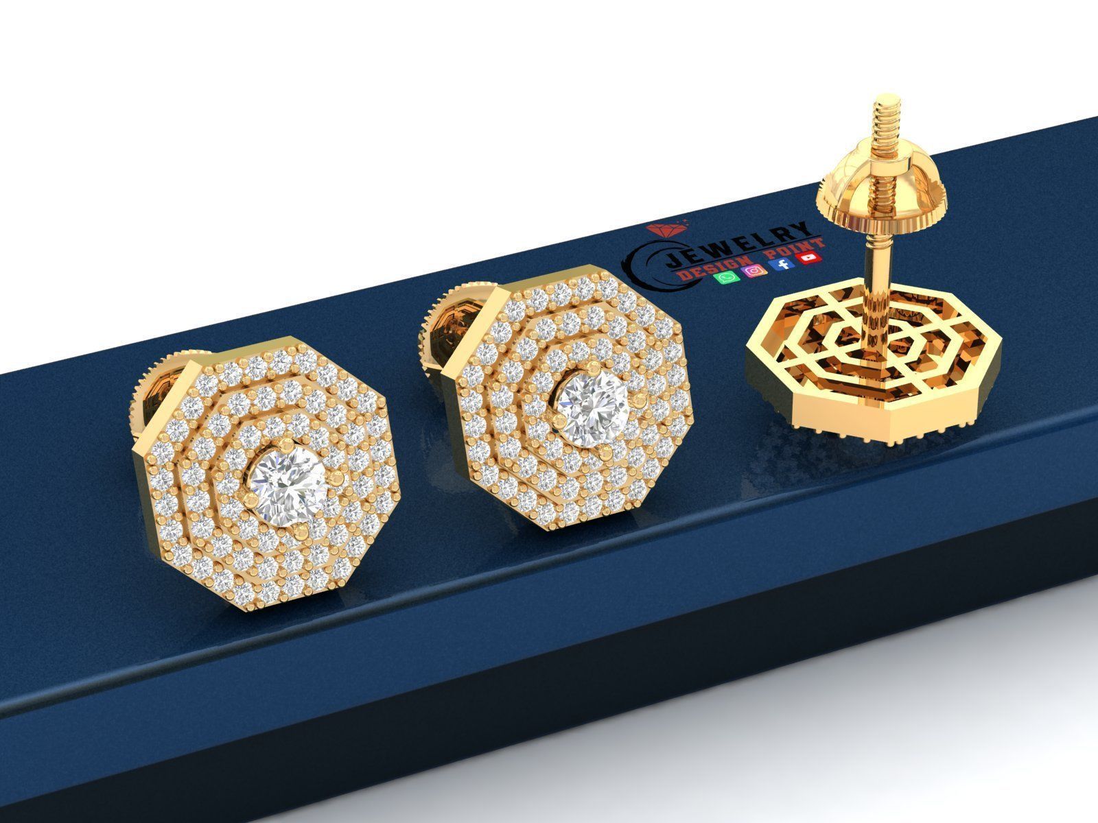 Custom Octagone Shape Stepping Diamond Studs - Earrings 16mm  3D print model_3