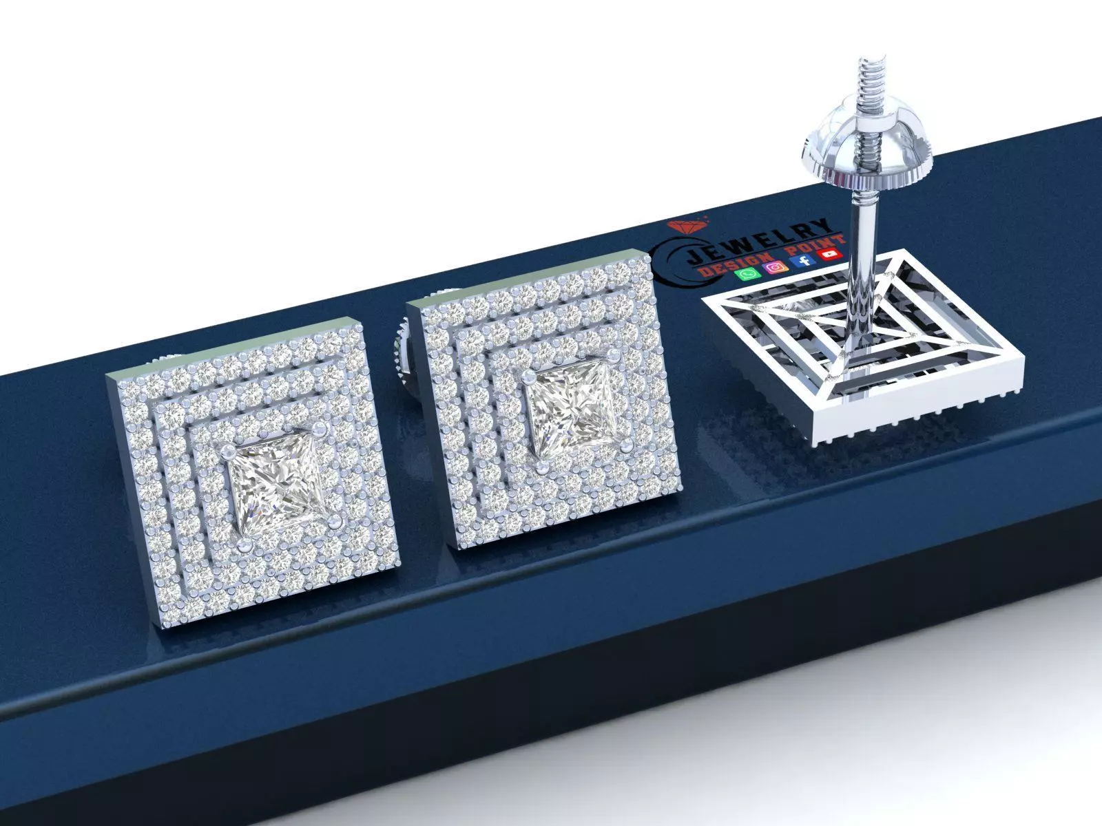 Custom Square Shape Stepping Diamond Studs - Earrings 16mm  3D print model_0