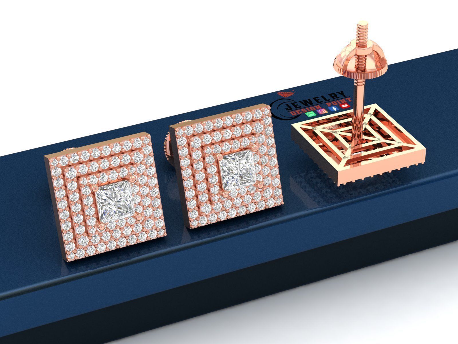 Custom Square Shape Stepping Diamond Studs - Earrings 16mm  3D print model_3