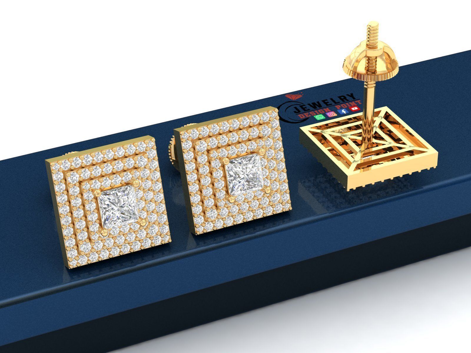 Custom Square Shape Stepping Diamond Studs - Earrings 16mm  3D print model_2