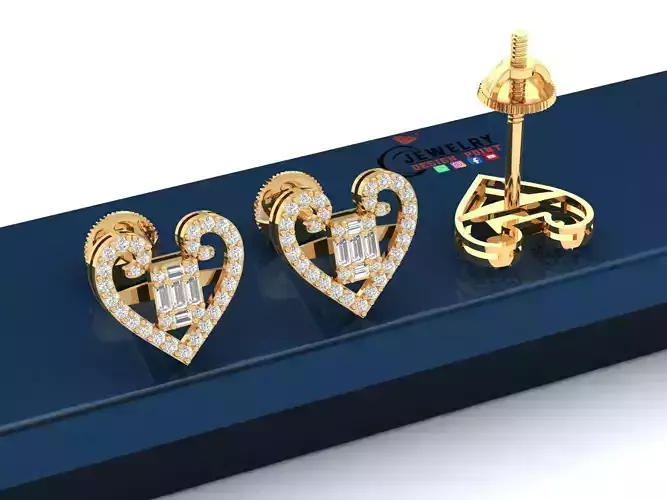 Custom Heart with Baguette Cluster Earrings Studs - Unisex 16mm 