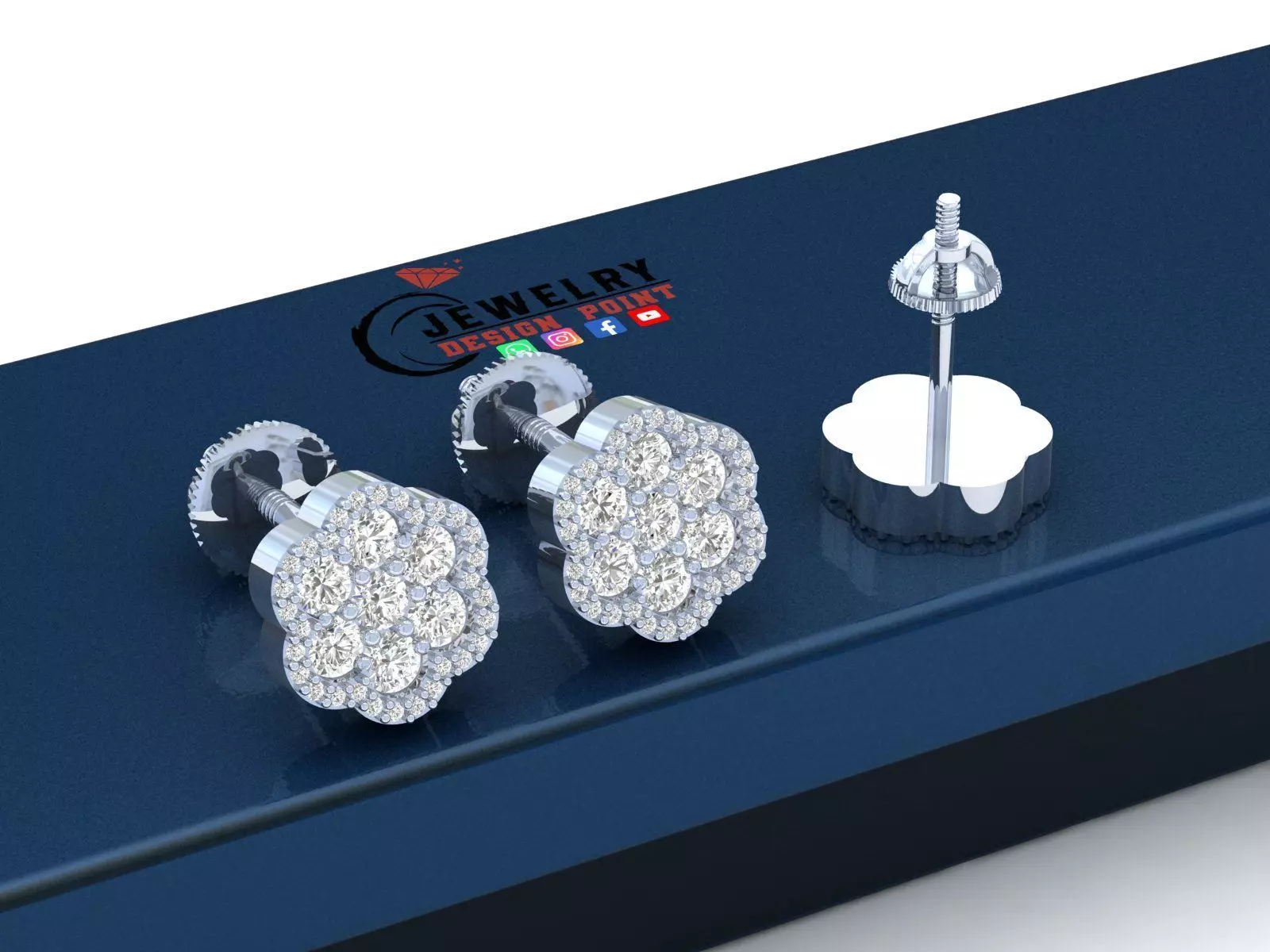 Custom Round Cluster Diamond Studs - Unisex Earrings 14mm 3D print model_0