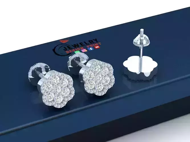 Custom Round Cluster Diamond Studs - Unisex Earrings 14mm 3D print model
