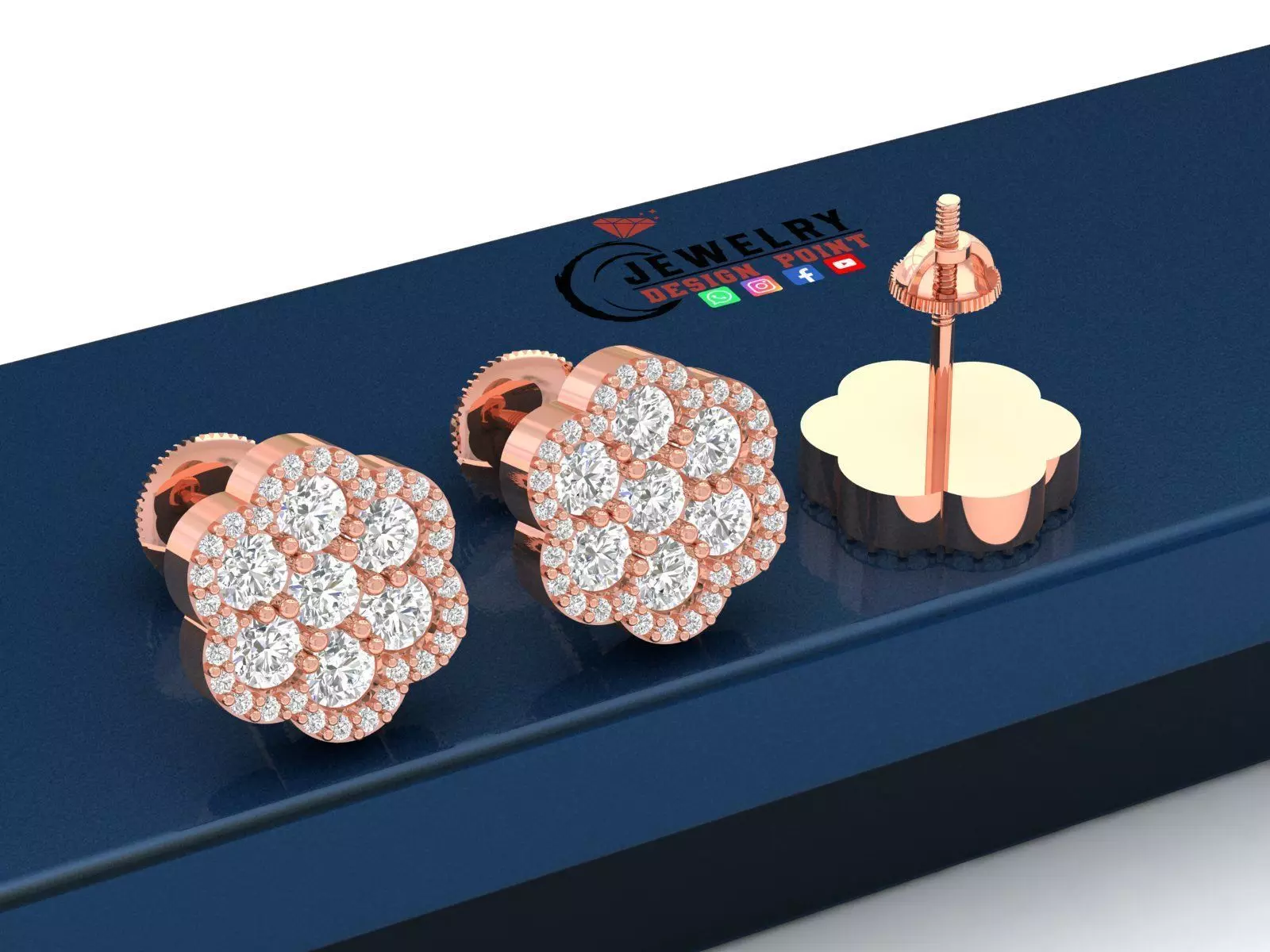 Custom Round Cluster Diamond Studs - Unisex Earrings 12mm 3D print model