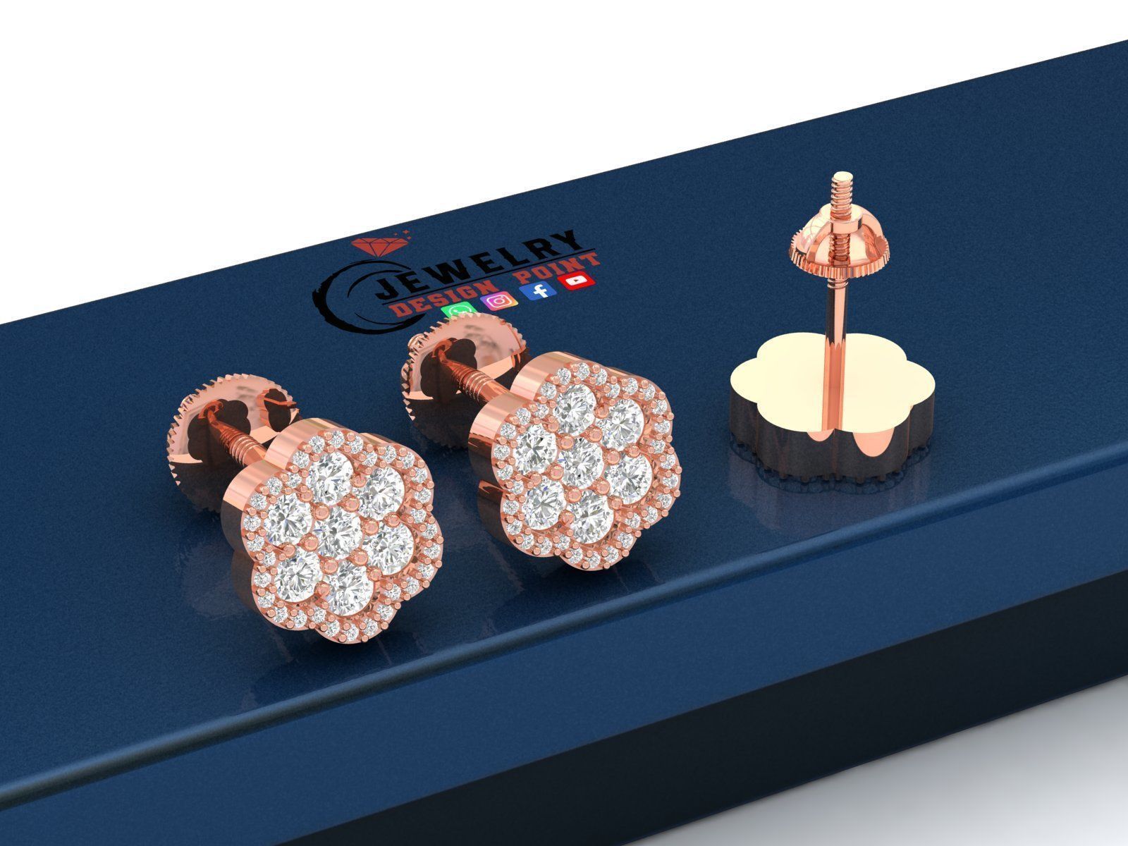 Custom Round Cluster Diamond Studs - Unisex Earrings 10mm 3D print model_2