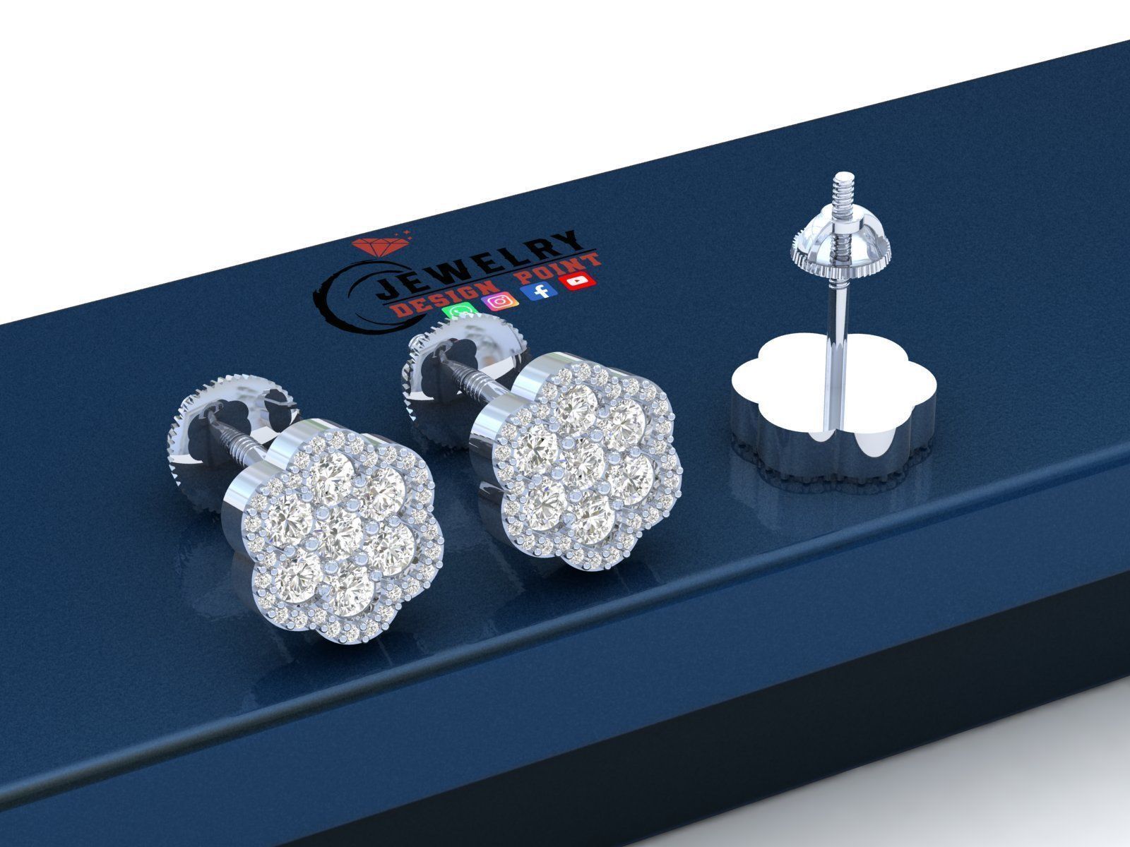 Custom Round Cluster Diamond Studs - Unisex Earrings 10mm 3D print model_3