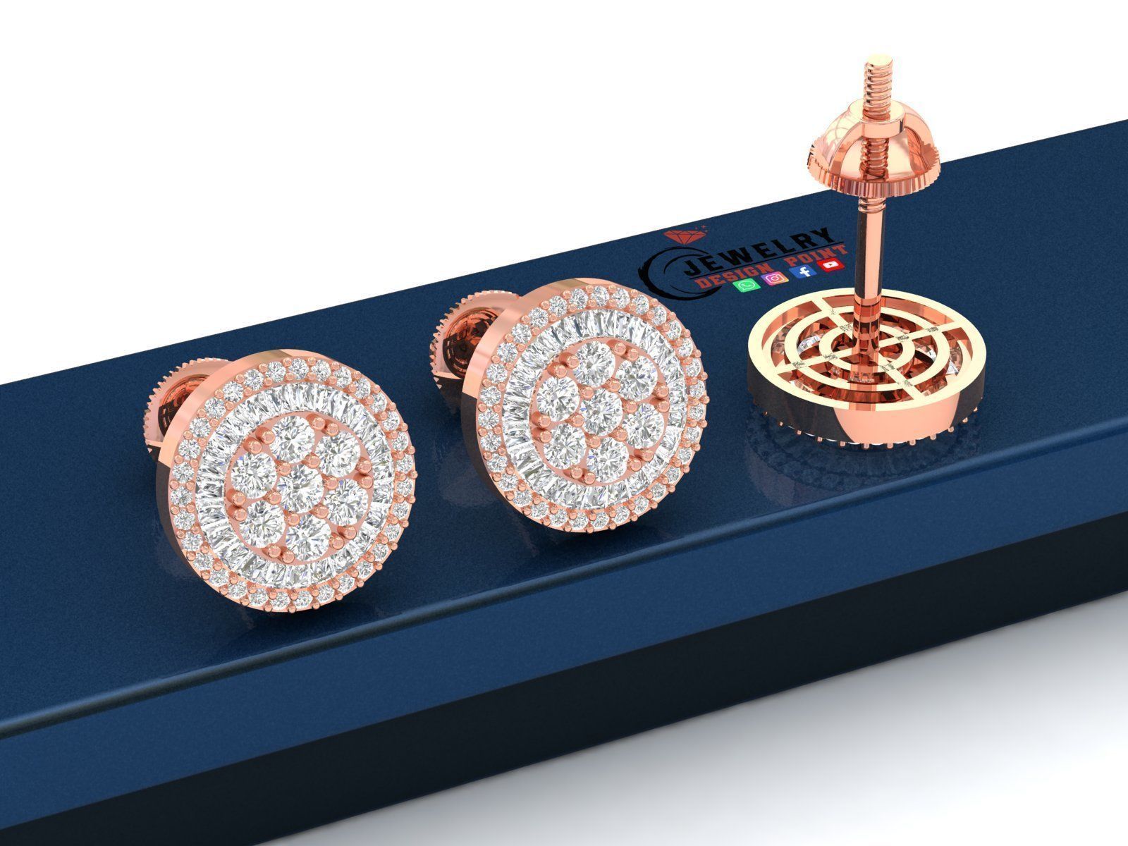 Custom Round Shape Stud with Baguettes Diamond Earring - Unisex 3D print model_2