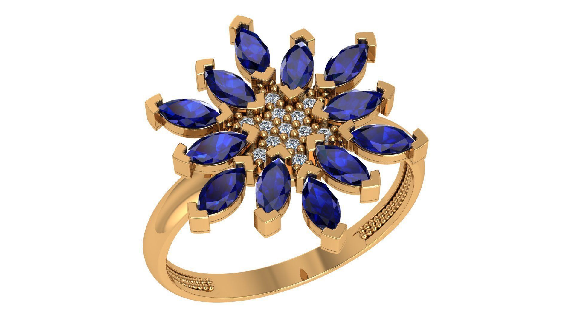 Sapphire Flower High Jewelry Cocktail Ring 3dm stl renders 3D print model_1