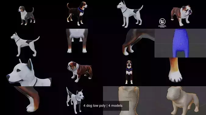 4 dog low poly 3D Model Collection