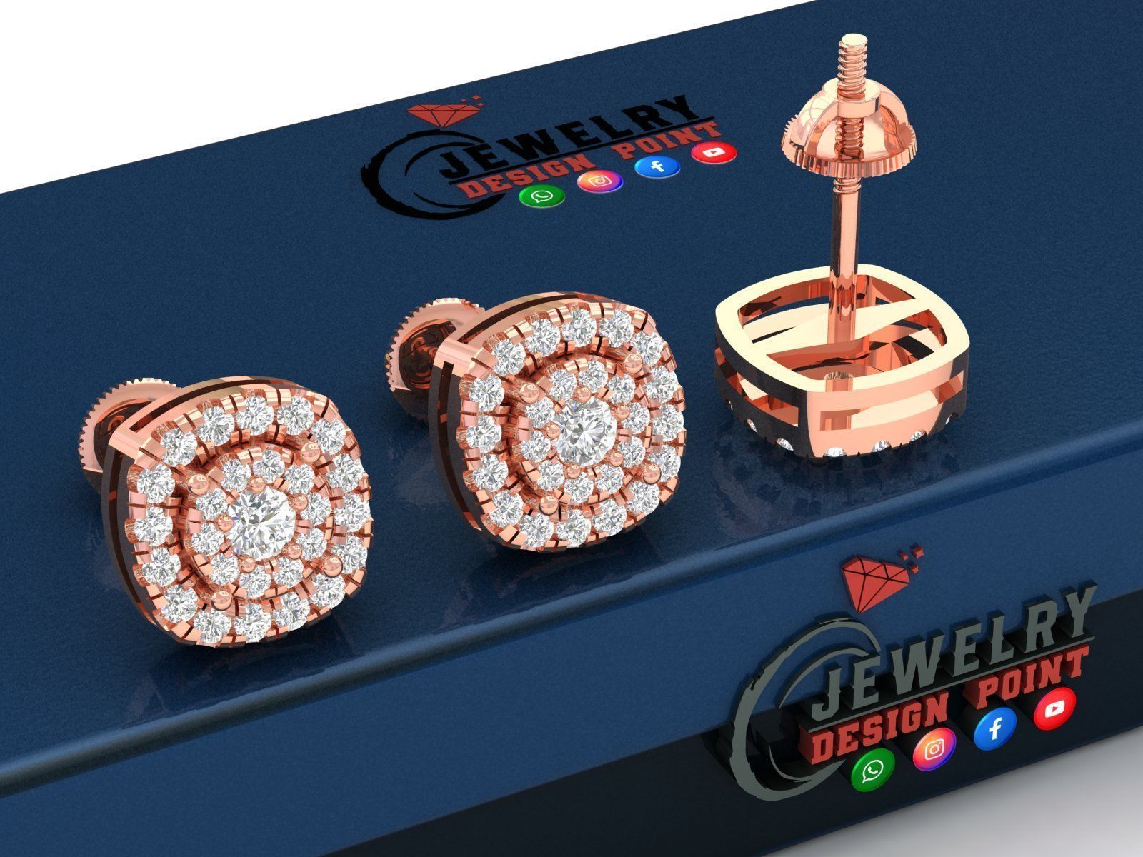 Custom Round Cluster Diamond Studs Earring - Unisex 3D print model_3