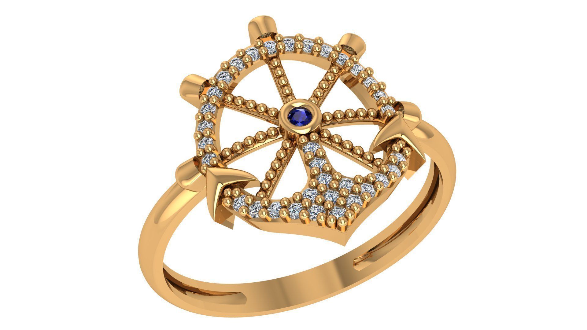 Anchor Wheel High Jewelry Cocktail Ring 3dm stl renders details 3D print model_2