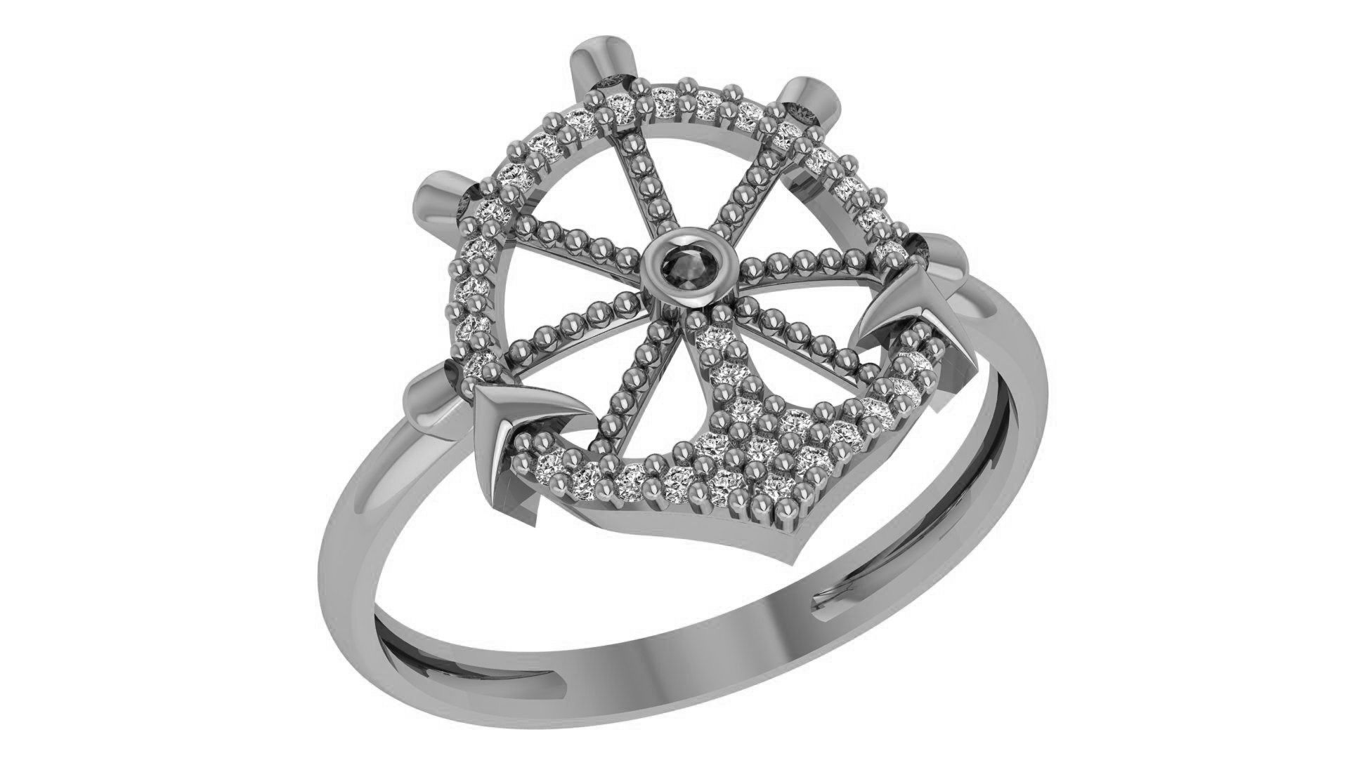 Anchor Wheel High Jewelry Cocktail Ring 3dm stl renders details 3D print model_1